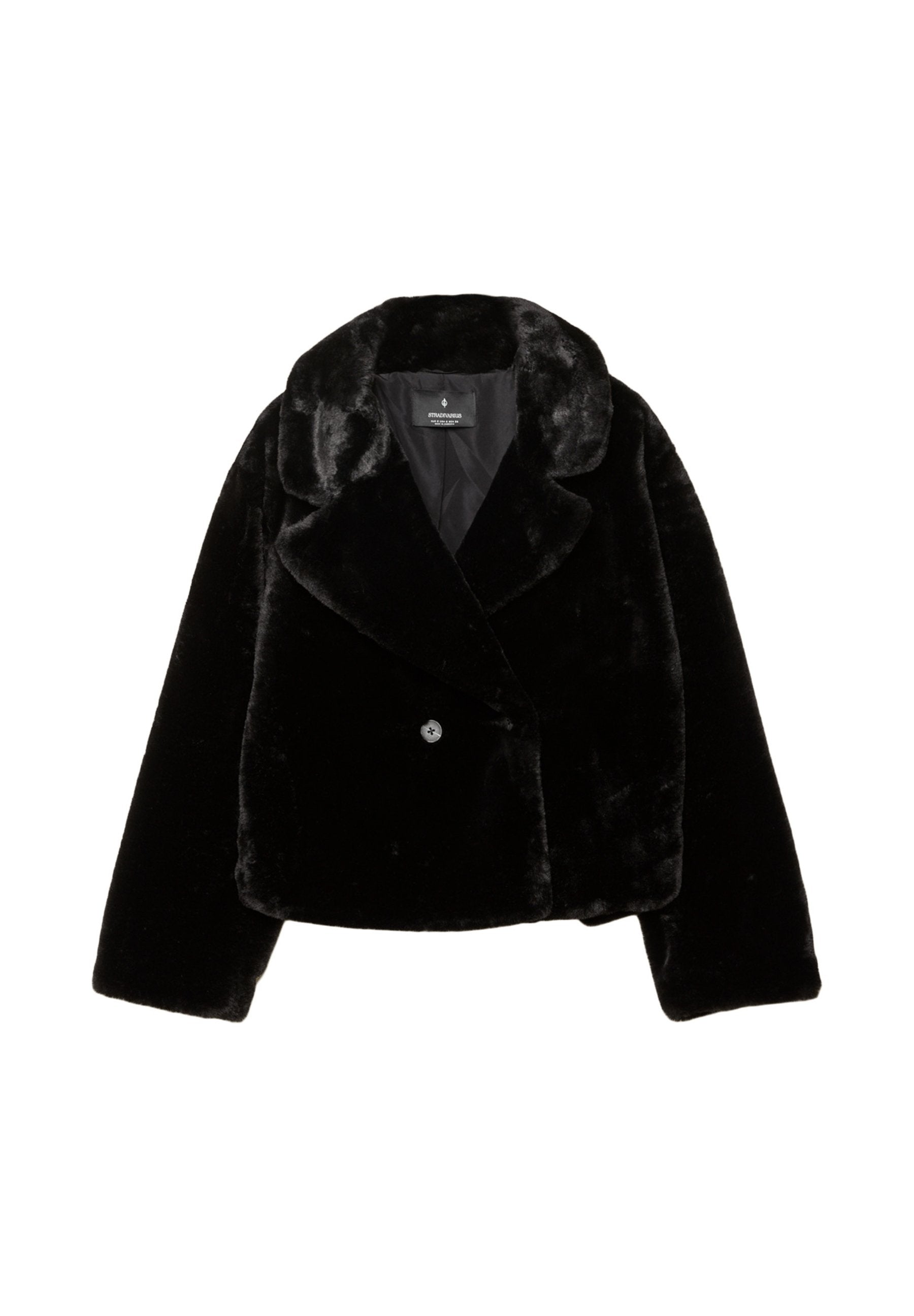 Schwarze U-fauxpelz-gekürzte Jacke mit Schalkragen, Ein-Knopf-Verschluss und weicher, glatter Textur. Verfügt über lange Ärmel und ein glänzendes Innenfutter.
