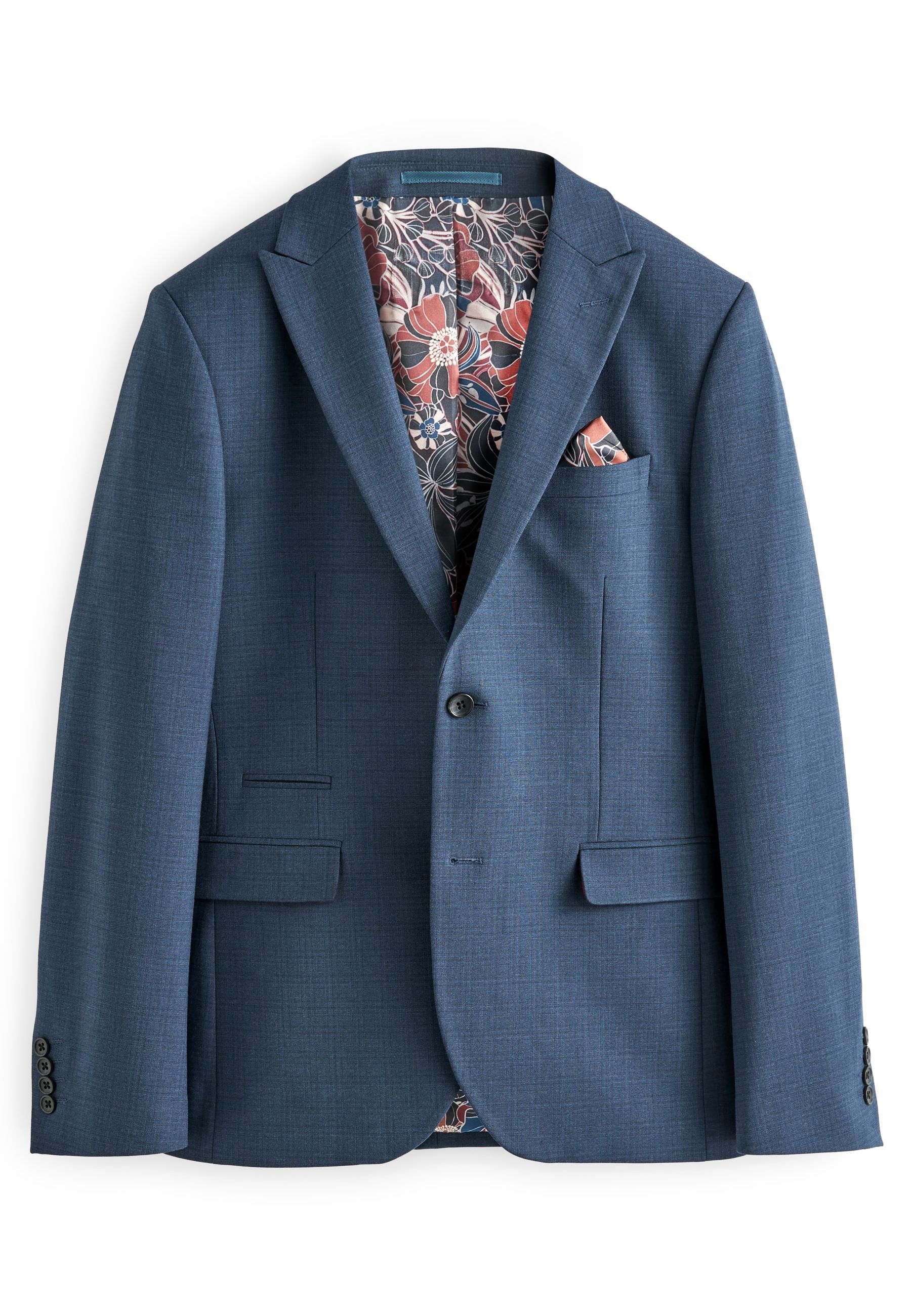 Blauer strukturierter Blazer mit zwei Fronttaschen, Ein-Knopf-Verschluss und floralem Futter. Inklusive Einstecktuch aus passendem Stoff.