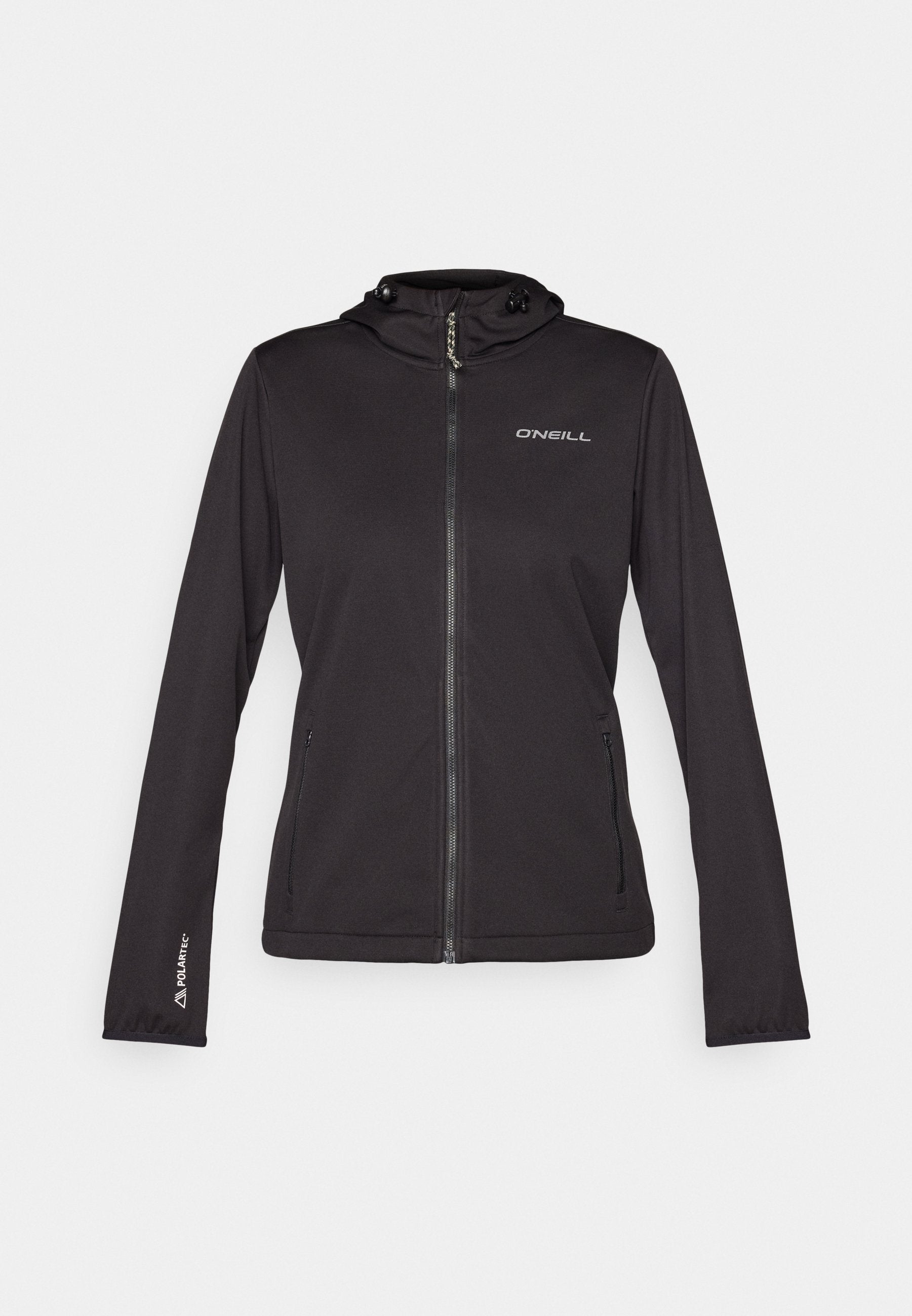 Schwarze O'Neill Jacke mit einem Reißverschluss, Kapuze, zwei Seitentaschen und elastischen Bündchen. Hergestellt aus weichem, leichtem Material.