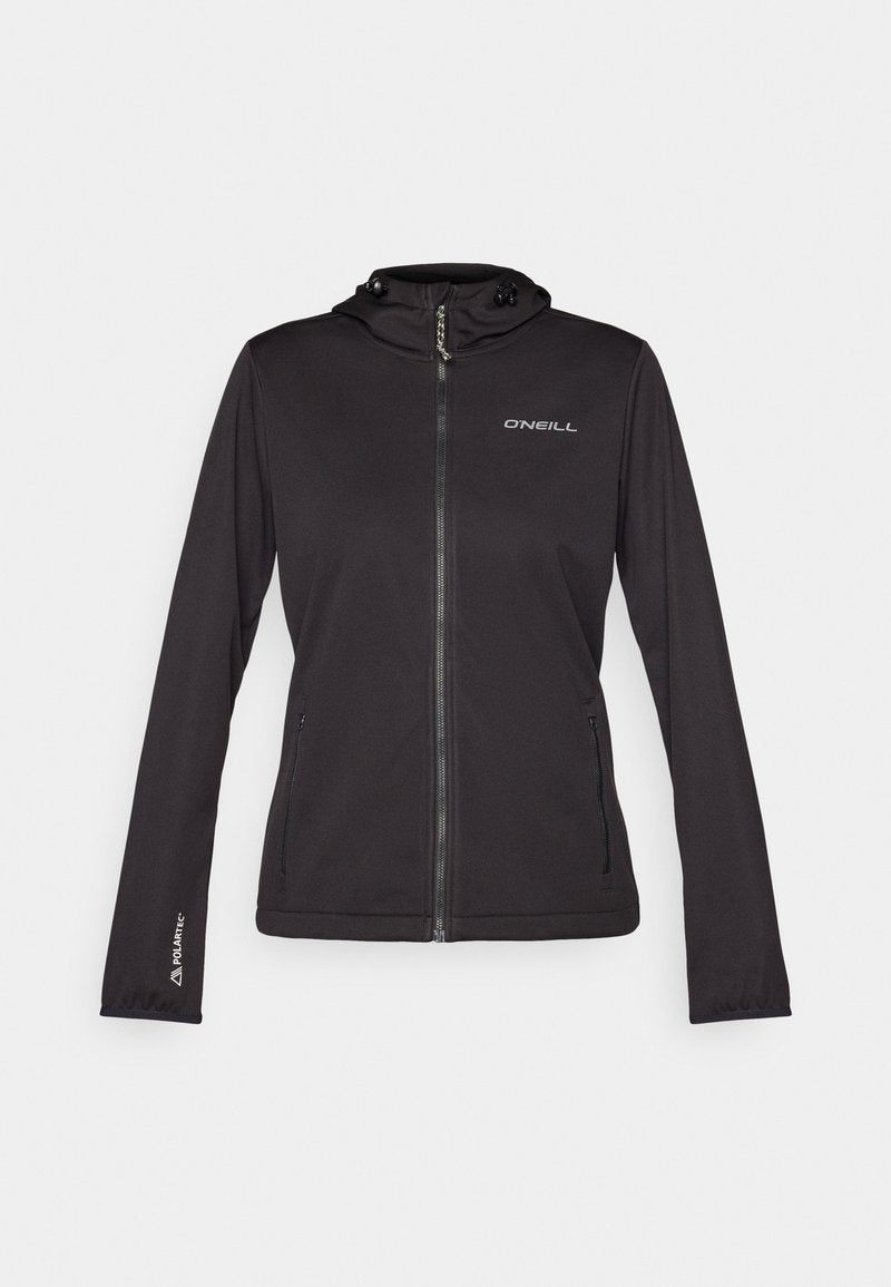 Schwarze O'Neill Jacke mit einem Reißverschluss, Kapuze, zwei Seitentaschen und elastischen Bündchen. Hergestellt aus weichem, leichtem Material.