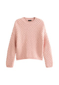 Hellrosa Pullover mit strukturiertem Noppenmuster, rundem Ausschnitt und langen Ärmeln mit gerippten Bündchen und Saum.