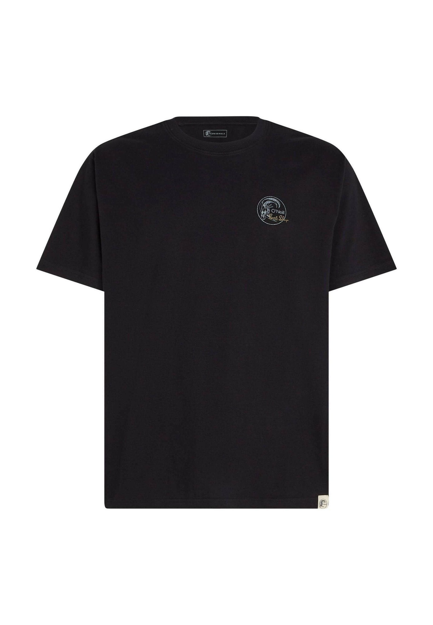 Schwarzes Baumwoll-T-Shirt mit kurzen Ärmeln, versehen mit einem kleinen mehrfarbigen Logo auf der linken Brustseite. Einfaches Design und lässige Passform.