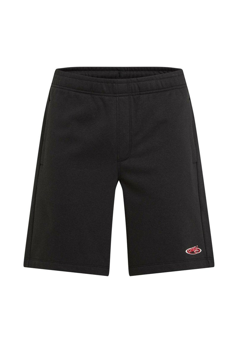 Schwarze Baumwollshorts mit elastischem Bund, zwei Seitentaschen und kleinem rotem Logo auf der unteren rechten Seite. Glatte Textur und gerader Schnitt.