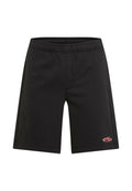 Schwarze Baumwollshorts mit elastischem Bund, zwei Seitentaschen und kleinem rotem Logo auf der unteren rechten Seite. Glatte Textur und gerader Schnitt.
