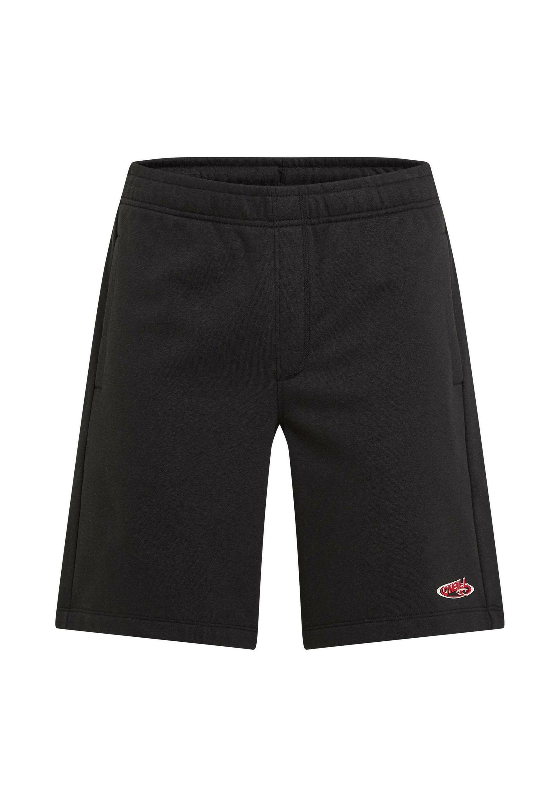 Schwarze Baumwollshorts mit elastischem Bund, zwei Seitentaschen und kleinem rotem Logo auf der unteren rechten Seite. Glatte Textur und gerader Schnitt.