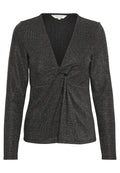 Schwarzes Langarmoberteil mit tiefem V-Ausschnitt und verdrehter Knoten-Details an der Taille. Hergestellt aus einem strukturierten, schimmernden Stoff.