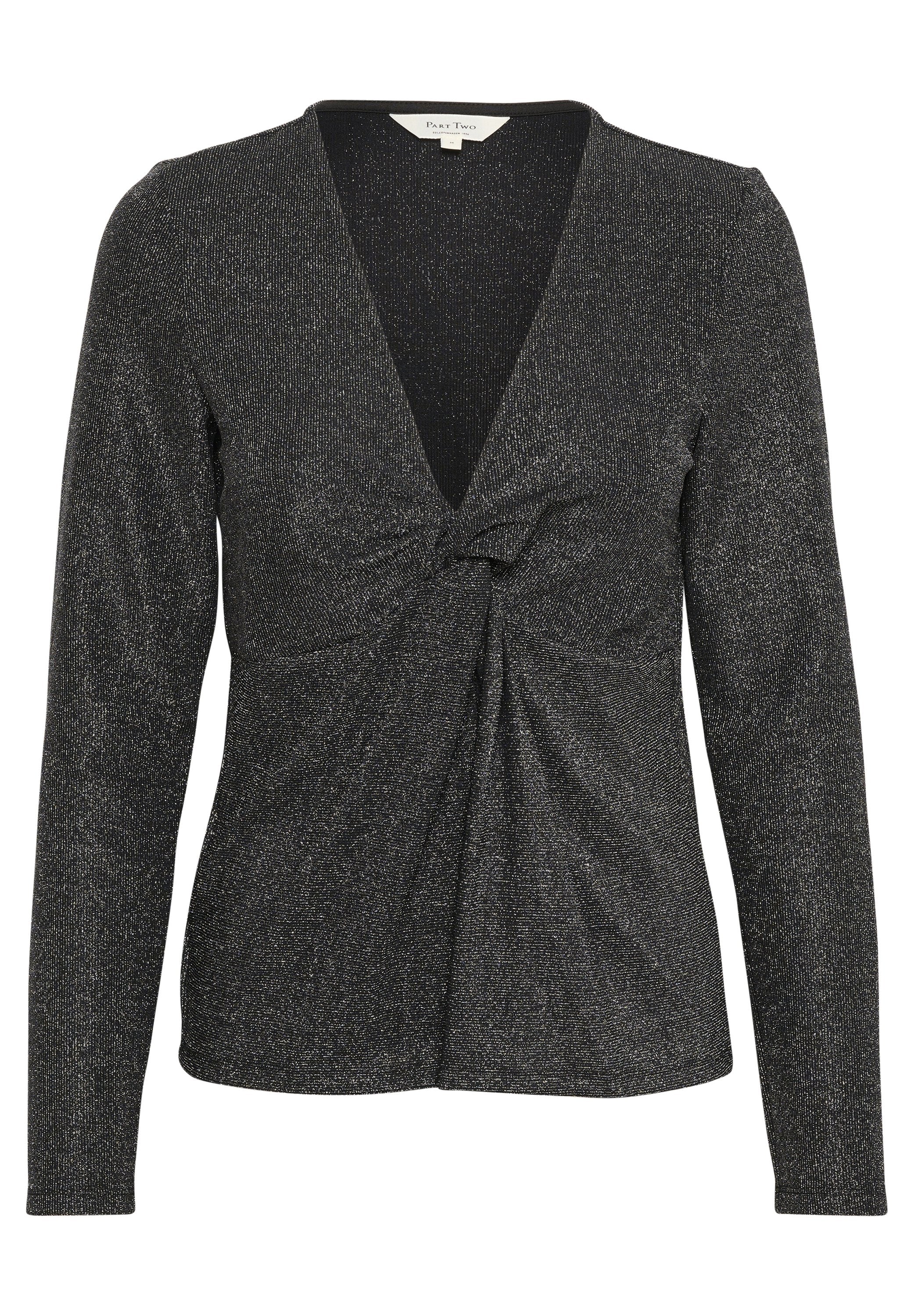 Schwarzes Langarmoberteil mit tiefem V-Ausschnitt und verdrehter Knoten-Details an der Taille. Hergestellt aus einem strukturierten, schimmernden Stoff.