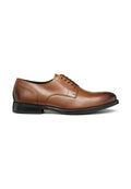 Braune Leder-Oxfordschuhe mit runder Spitze, glatter Oberfläche, dezenten Steppnähten und einer schwarzen Gummisohle. Verfügt über ein Schnürdesign.