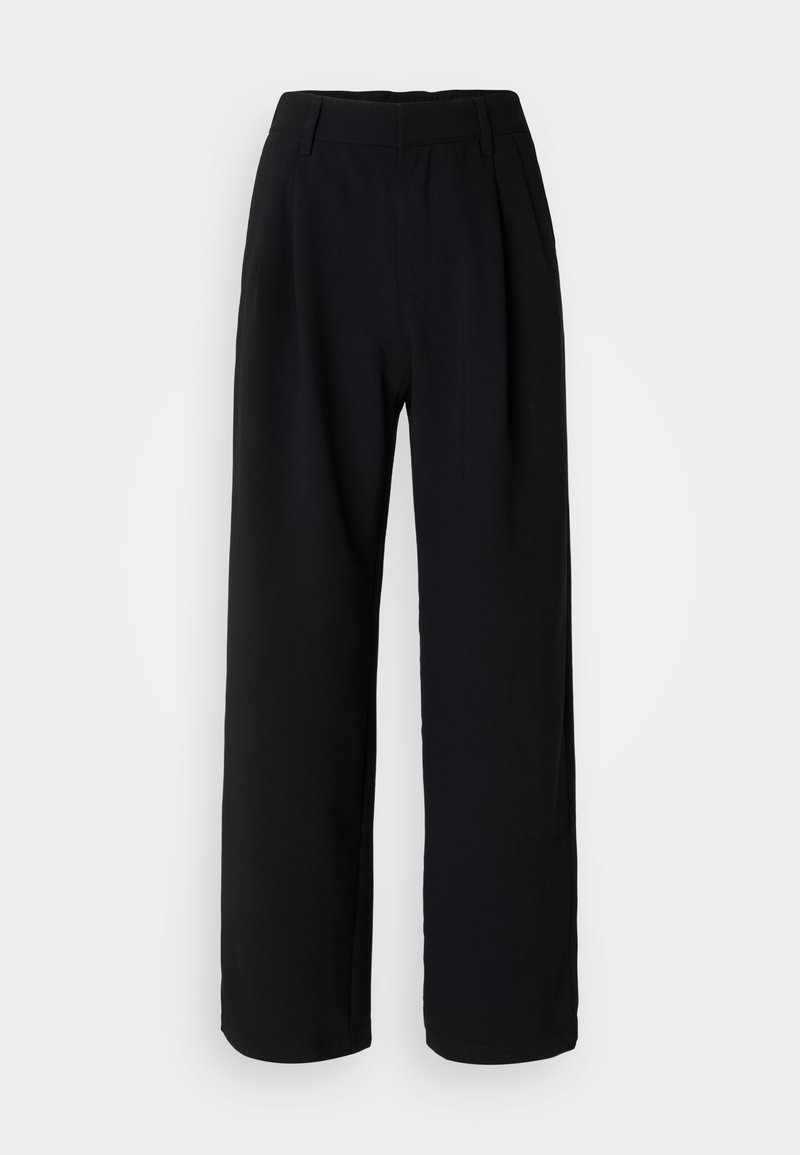 Schwarze weit geschnittene Hosen aus einem glatten Stoff. Mit einem figurbetonten Bund und vorderen Falten für zusätzliches Volumen. Maßgeschneiderter Schnitt.