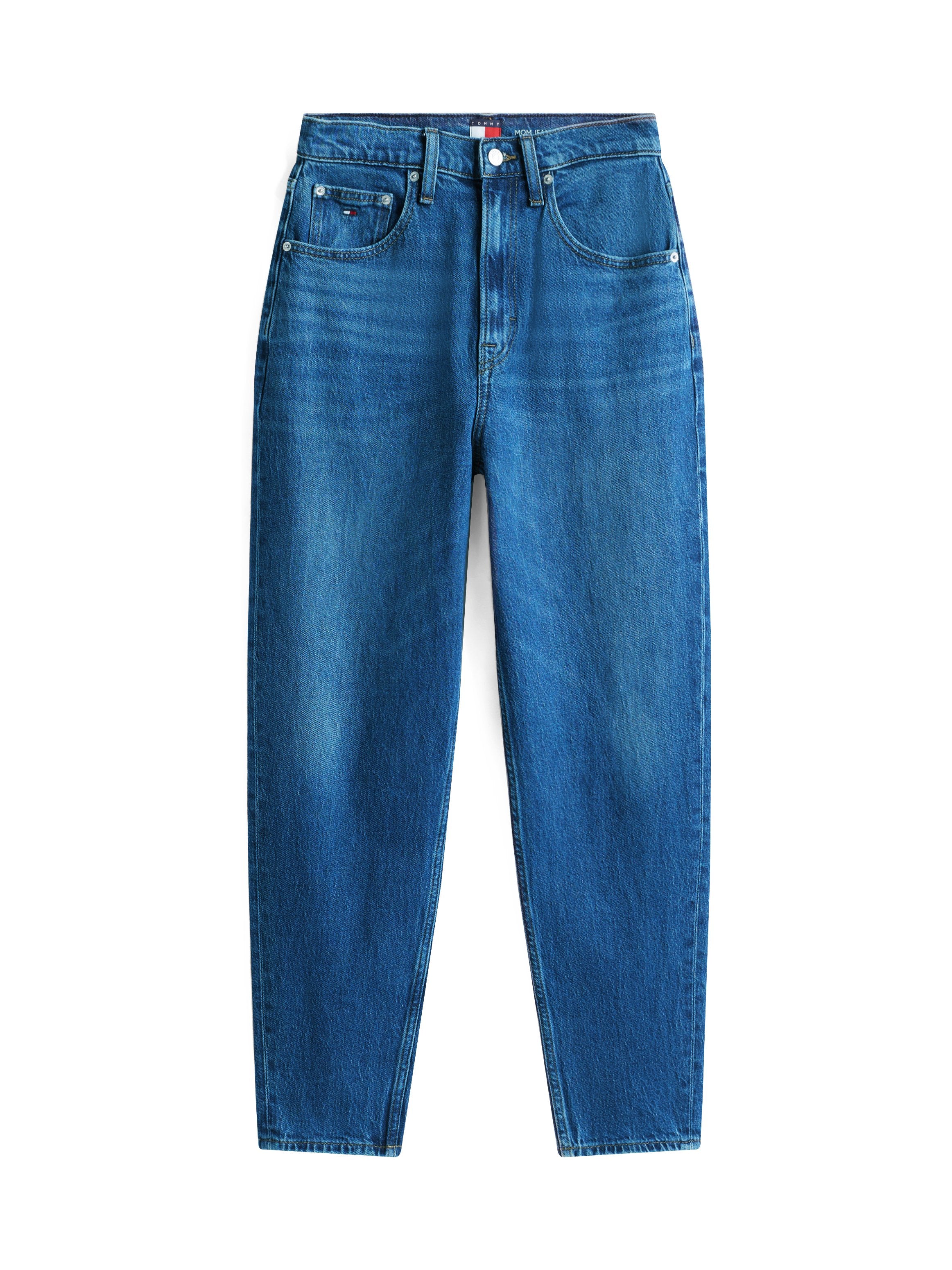 Blaue Denim-Jeans mit geradem Bein, fünf Taschen, einem Knopf- und Reißverschluss sowie einer leichten Ausbleichung für eine Texturvariation.