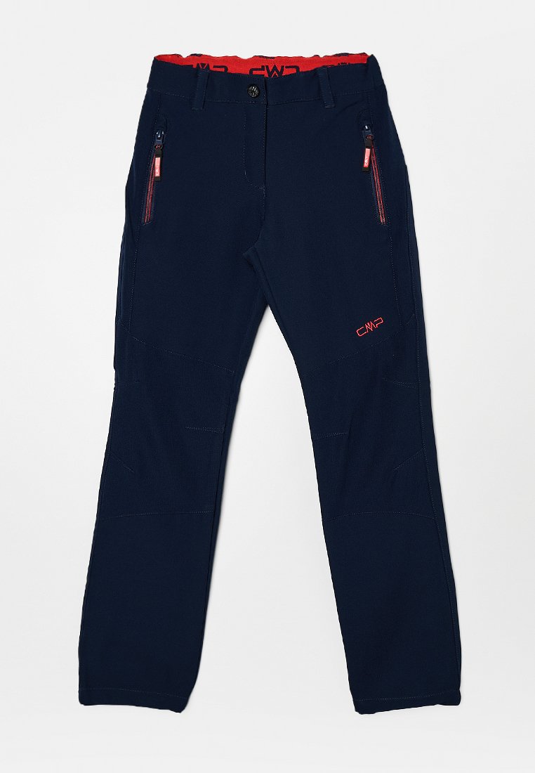 Marineblaue Outdoor-Hose mit rotem Innenbund, seitlichen Reißverschlusstaschen, verstärkten Knien und rotem CMW-Logo am Bein.