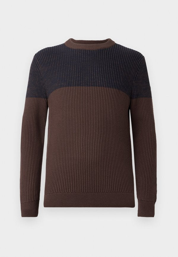 TOM TAILOR PLATED PULLOVER - Jumper - navy/brown