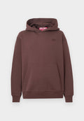 Brauner Pullover-Hoodie mit vorderer Kängurutasche, gerippten Bündchen und Saum, kleinem gesticktem Logo auf der Brust und Markenetikett im Inneren der Kapuze.