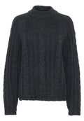Dunkelgrauer, gestrickter Pullover mit hohem, geripptem Halsausschnitt. Hat ein grobes, strukturiertes Muster und lange, weit geschnittene Ärmel. Cropped-Schnitt.