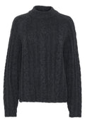 Dunkelgrauer, gestrickter Pullover mit hohem, geripptem Halsausschnitt. Hat ein grobes, strukturiertes Muster und lange, weit geschnittene Ärmel. Cropped-Schnitt.