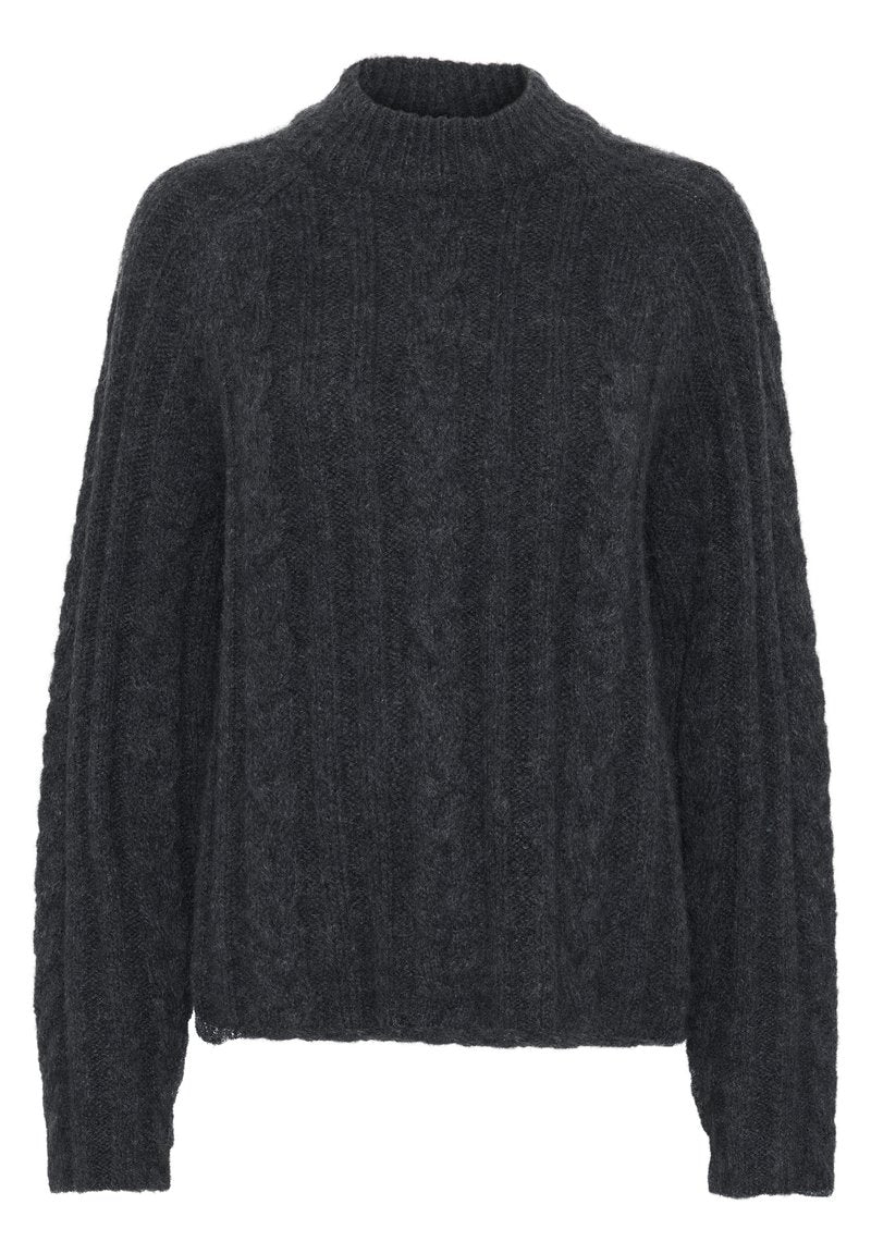 Dunkelgrauer, gestrickter Pullover mit hohem, geripptem Halsausschnitt. Hat ein grobes, strukturiertes Muster und lange, weit geschnittene Ärmel. Cropped-Schnitt.