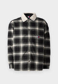 Schwarz-weiße karierte Flanellshirt mit einem weichen, beigefarbenen Kragen, Knopfverschluss und einem kleinen gestickten Logo.