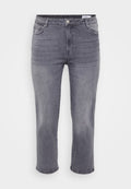 Graue Denim-Jeans mit klassischem Schnitt, ausgestattet mit einem Knopf- und Reißverschluss, fünf Taschen und einem leicht verwaschenen Finish.
