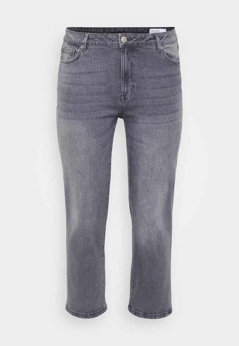 Graue Denim-Jeans mit klassischem Schnitt, ausgestattet mit einem Knopf- und Reißverschluss, fünf Taschen und einem leicht verwaschenen Finish.