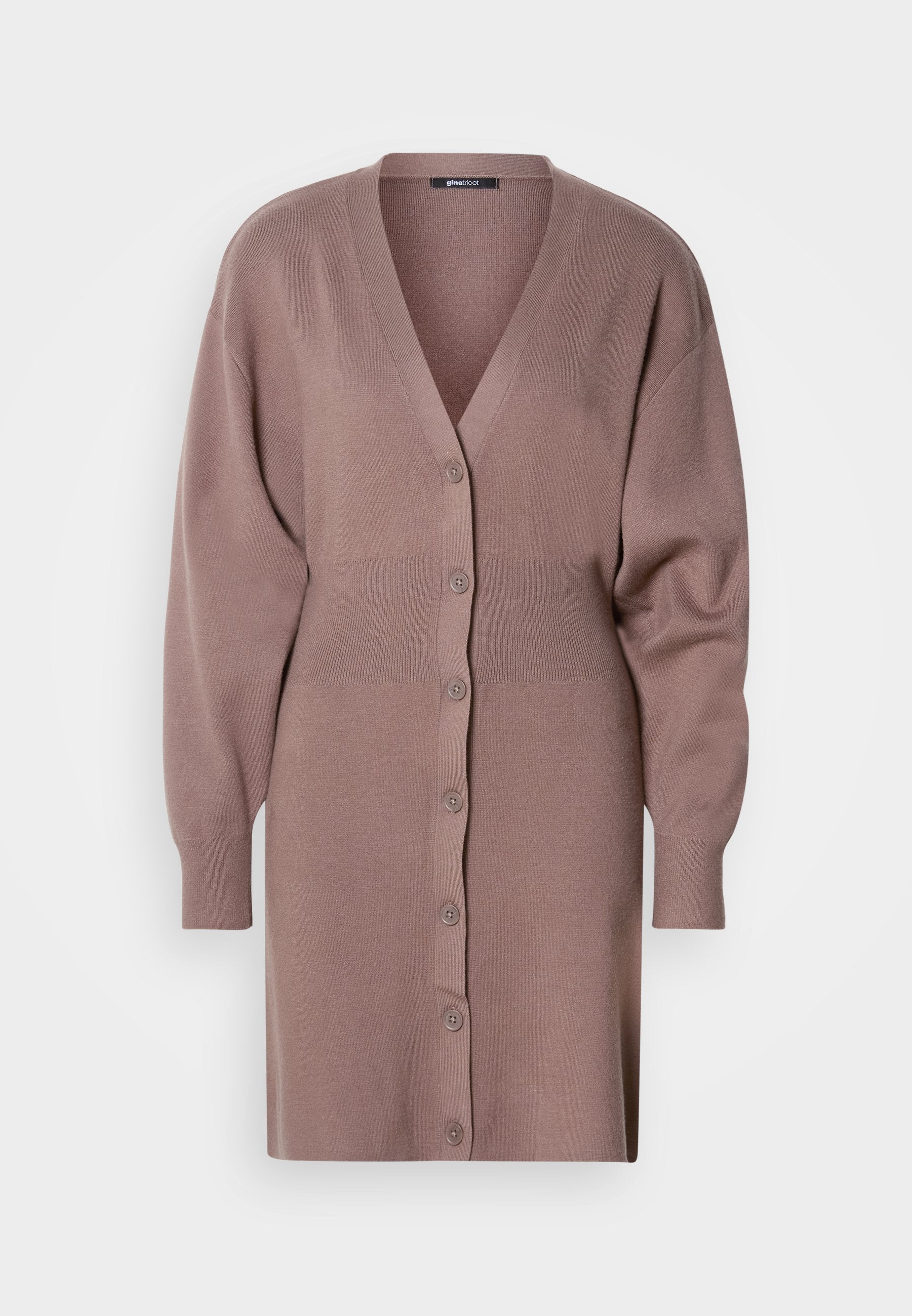 Langer, taillierter Cardigan aus weichem, leichtem Strick. Mit V-Ausschnitt, Knopfschluss und weiten Ärmeln in einem sanften Mauve-Ton.