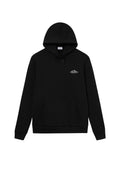 Schwarzer Kapuzenpullover aus weichem, strukturiertem Stoff mit einer Fronttasche, Kordelzugkapuze und subtilen weißen Logodetails auf der Brust.