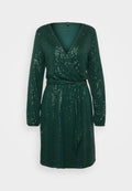 Grünes, langärmliges Kleid mit tiefem V-Ausschnitt und Wickeldesign, verziert mit Pailletten, mit tailliertem Gürtel und strukturiertem Finish.