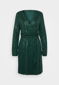 Grünes, langärmliges Kleid mit tiefem V-Ausschnitt und Wickeldesign, verziert mit Pailletten, mit tailliertem Gürtel und strukturiertem Finish.