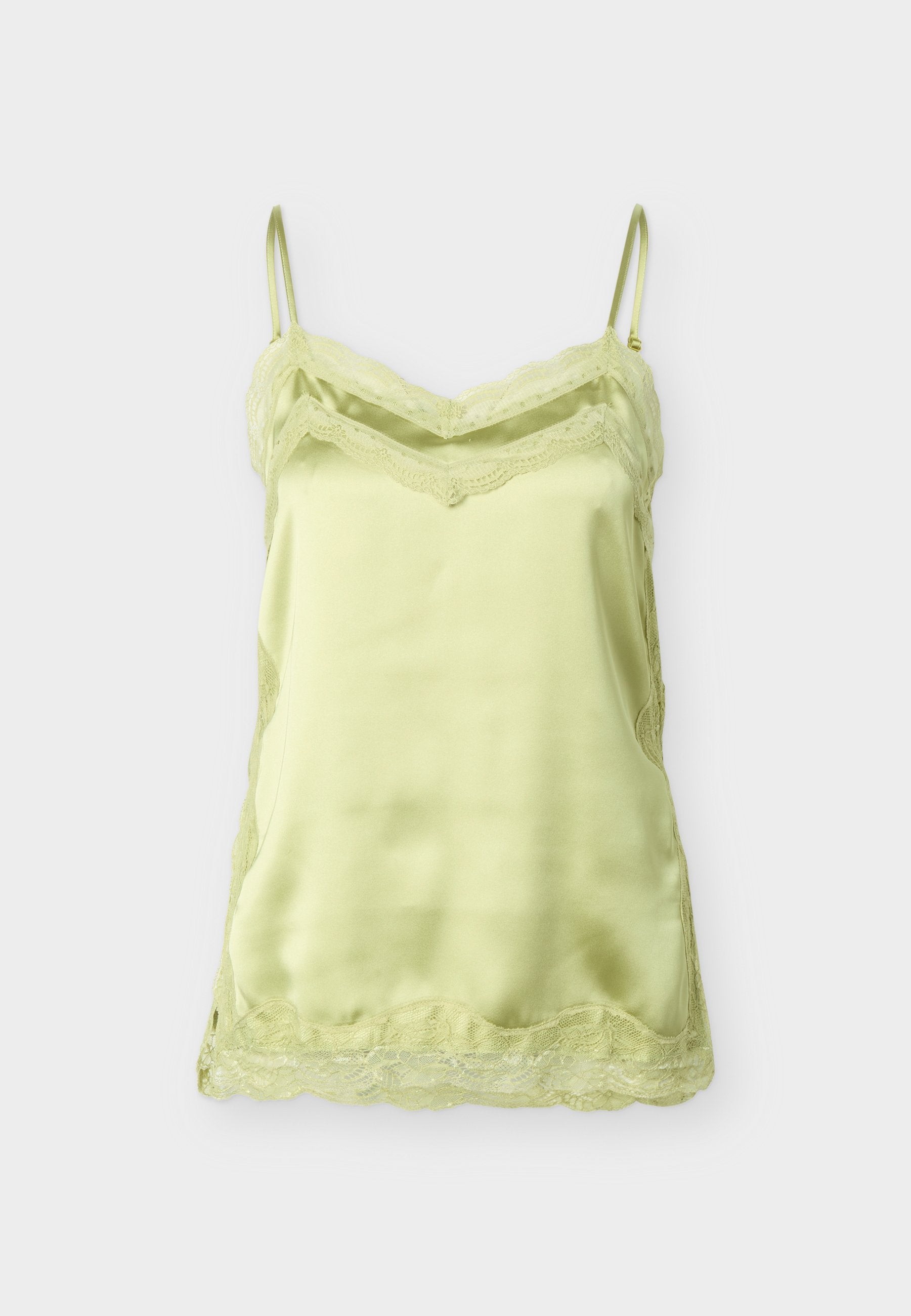Hellgrünes Satin-Camisole mit Spitzenbesatz entlang des Ausschnitts, Saums und der Seiten, ausgestattet mit dünnen verstellbaren Schulterriemen.