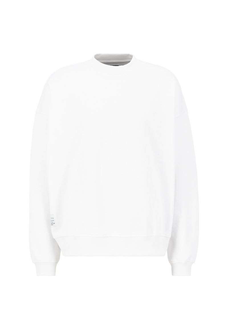 Weißer Sweatshirt mit Rundhalsausschnitt, langen Ärmeln und gerippten Bündchen. Aus weichem Stoff mit glatter Textur gefertigt. Minimalistisches Design, ohne Muster.
