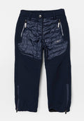 Marineblaue isolierte Hose mit gesteppten Einsätzen, Reißverschlusstaschen und Knöchelreißverschlüssen. Verfügt über ein Logodetail an der Seite und strukturierte Stoffakzente.