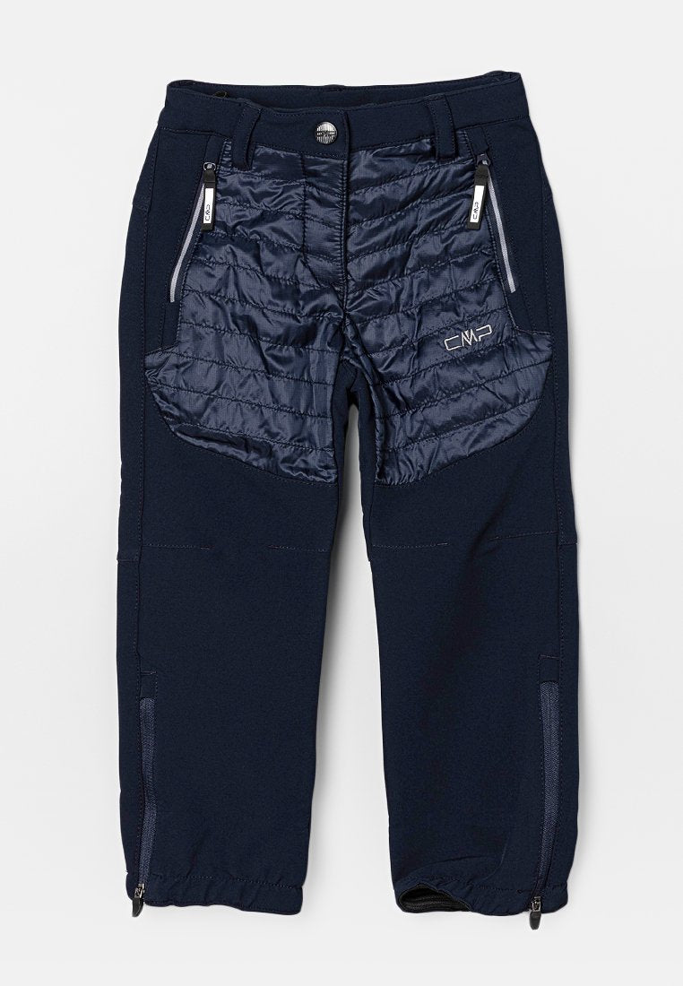 Marineblaue isolierte Hose mit gesteppten Einsätzen, Reißverschlusstaschen und Knöchelreißverschlüssen. Verfügt über ein Logodetail an der Seite und strukturierte Stoffakzente.