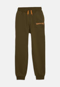 Olivgrüne Jogginghosen aus weichem Material, mit elastischem Bund und Kordelzug sowie dem orangefarbenen "TIMBERLAND"-Logo auf dem Oberschenkel.