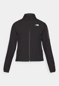 Schwarze Zip-Jacke mit hohem Kragen, strukturiertem Stoff und Logo auf der linken Brust. Verfügt über lange Ärmel und eine taillierte Passform.