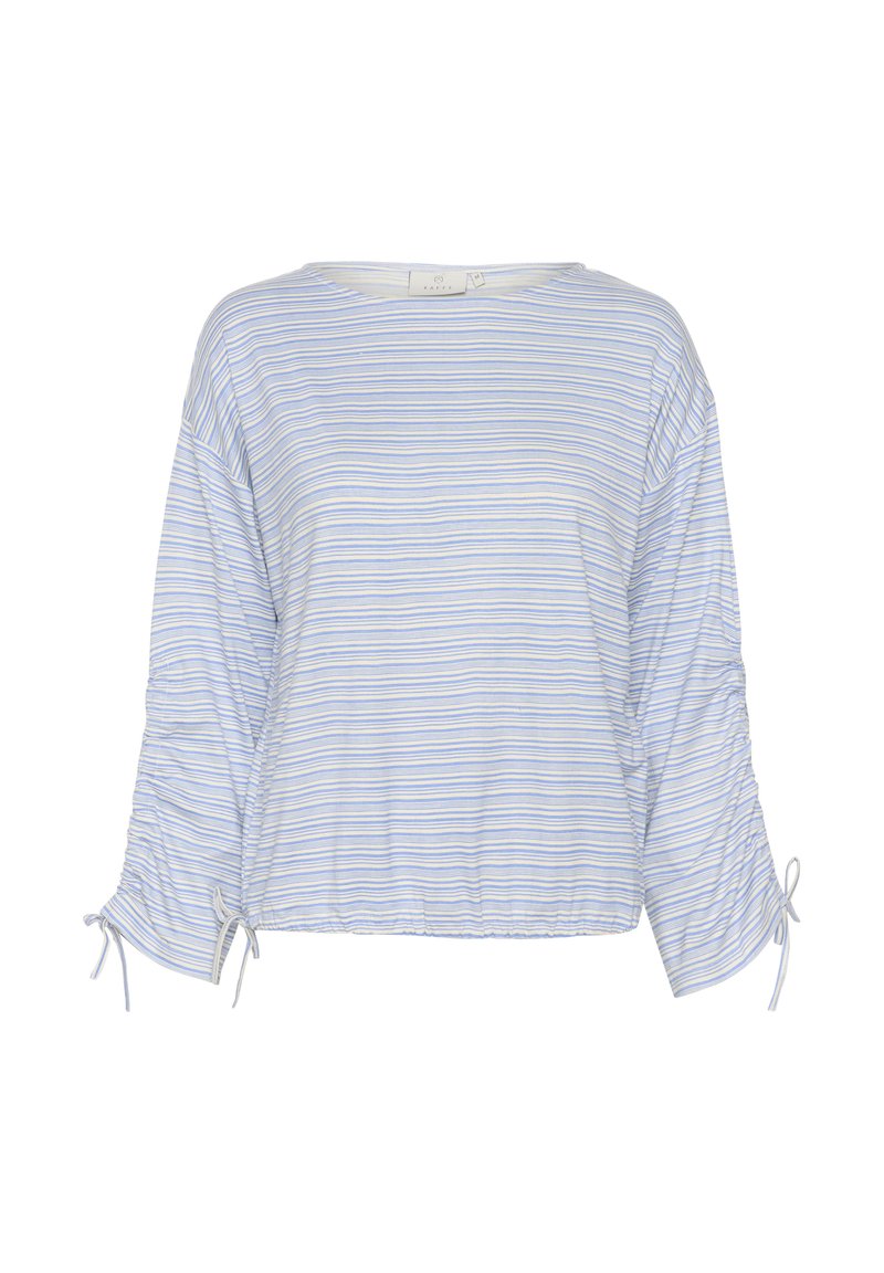 Helles blau gestreiftes Blusenshirt mit langen Ärmeln, gerafften Seiten und Bindebändern an den Handgelenken. Hergestellt aus einem weichen, leichten Stoff.