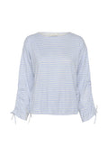 Helles blau gestreiftes Blusenshirt mit langen Ärmeln, gerafften Seiten und Bindebändern an den Handgelenken. Hergestellt aus einem weichen, leichten Stoff.