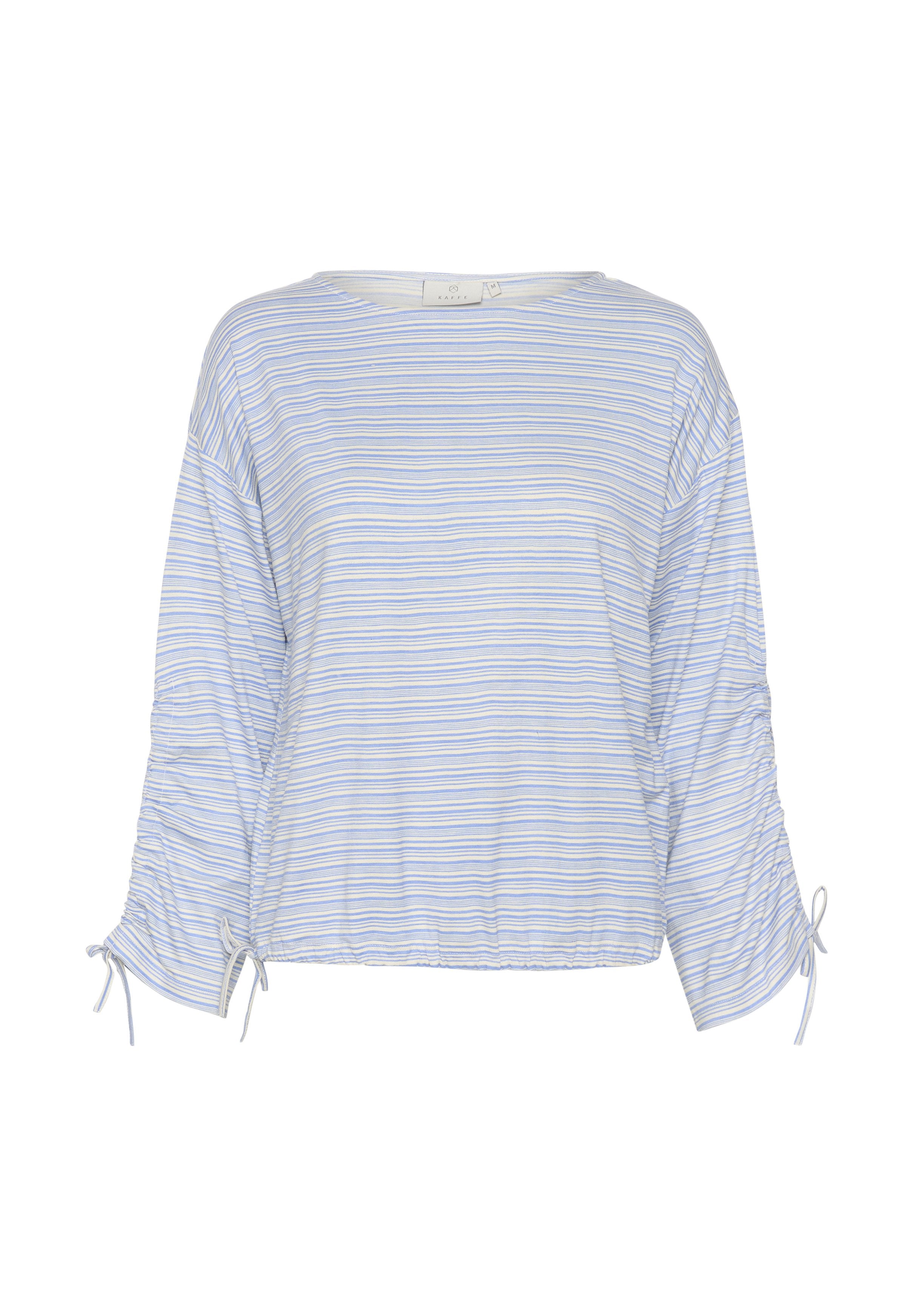 Helles blau gestreiftes Blusenshirt mit langen Ärmeln, gerafften Seiten und Bindebändern an den Handgelenken. Hergestellt aus einem weichen, leichten Stoff.