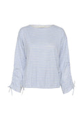 Helles blau gestreiftes Blusenshirt mit langen Ärmeln, gerafften Seiten und Bindebändern an den Handgelenken. Hergestellt aus einem weichen, leichten Stoff.