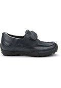 Schwarze Lederschuhe mit einem Klettverschluss, runder Zehenform und strukturiertem Gummisole. Das Design verfügt über Nähte und eine atmungsaktive Konstruktion.