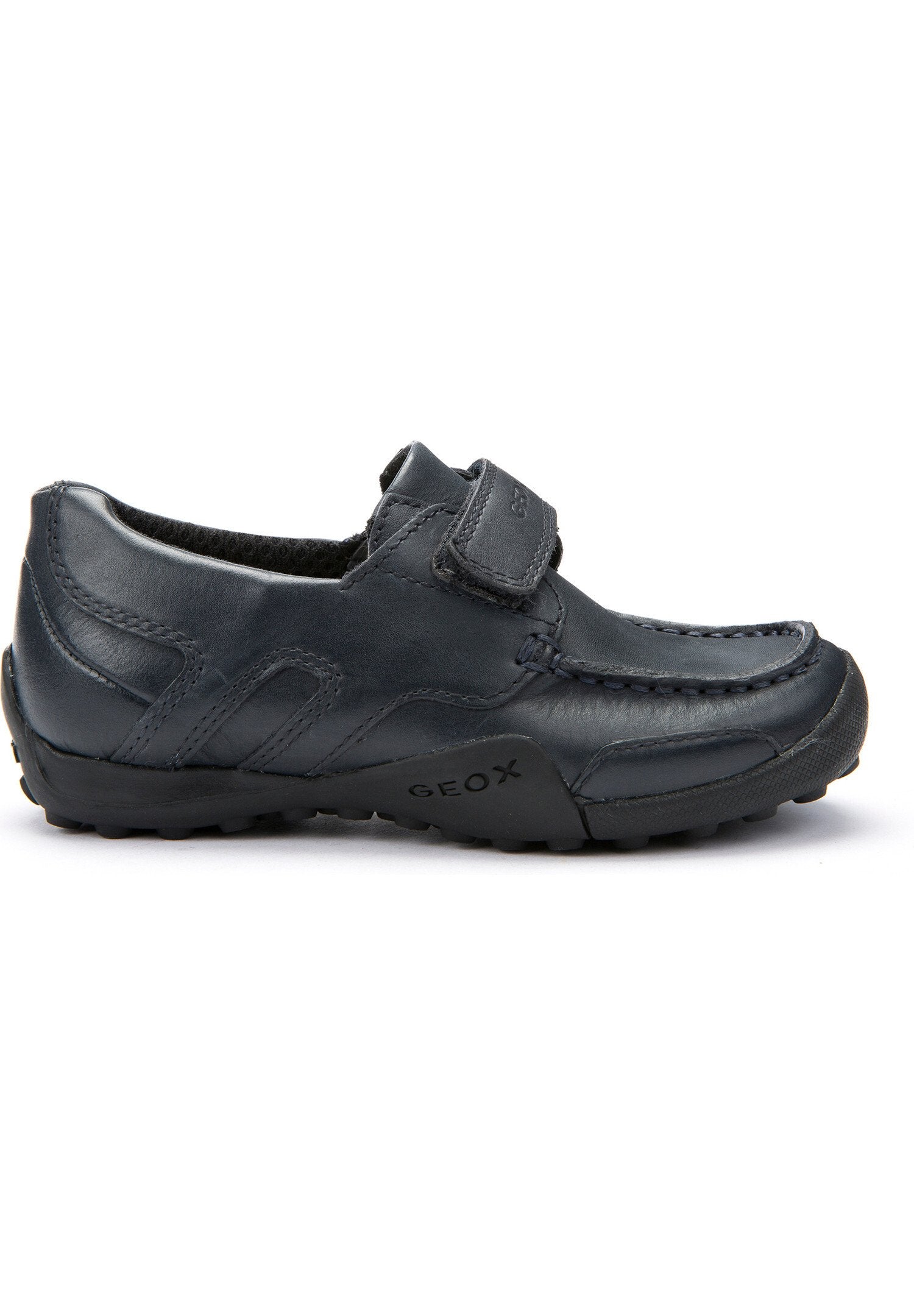 Schwarze Lederschuhe mit einem Klettverschluss, runder Zehenform und strukturiertem Gummisole. Das Design verfügt über Nähte und eine atmungsaktive Konstruktion.