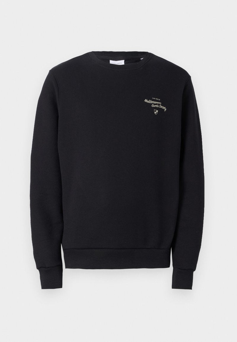 Schwarzes Sweatshirt aus Baumwolle, mit Rundhalsausschnitt, gerippten Bündchen und Saum sowie goldener, gestickter Schrift auf der Brust.