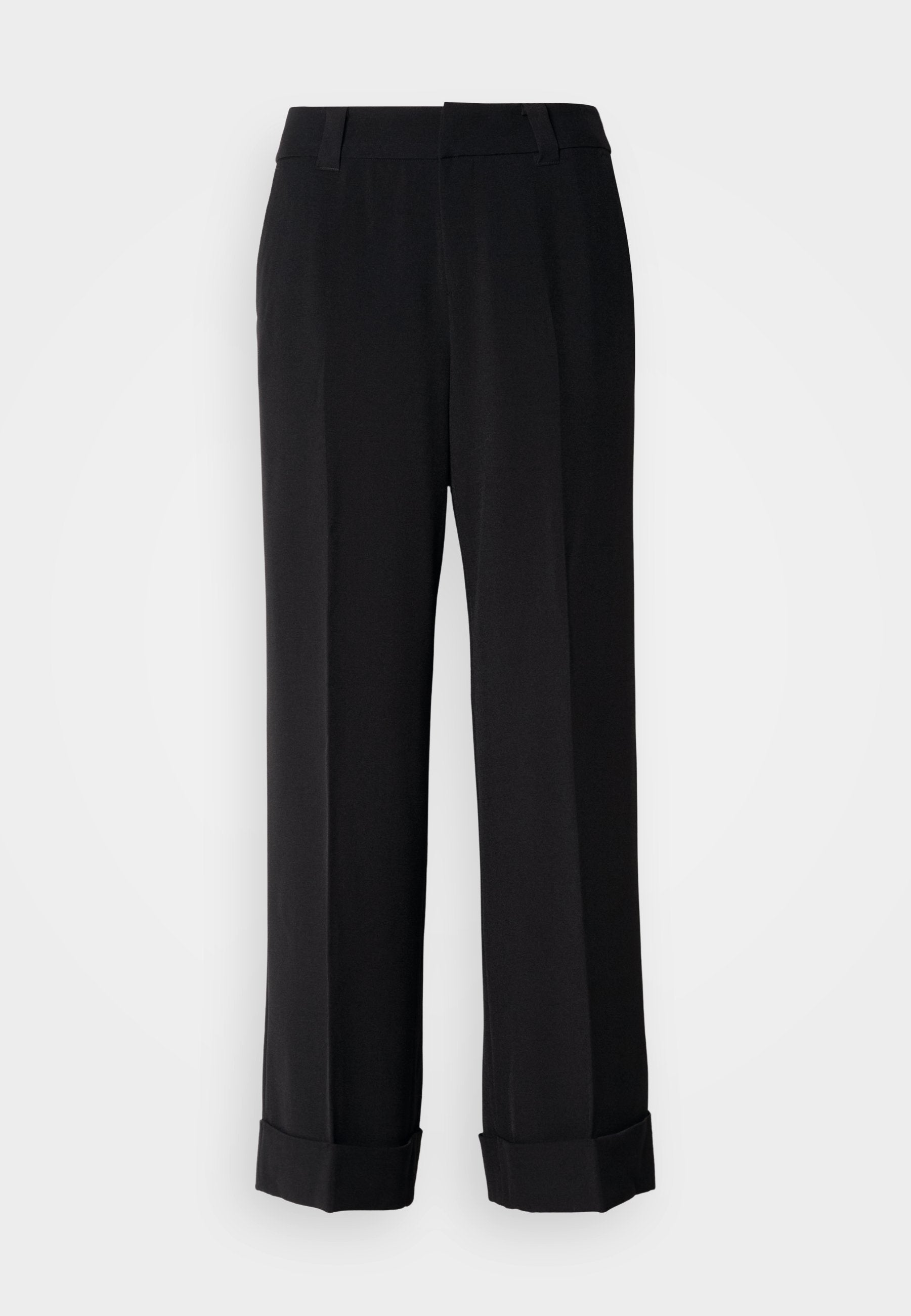 Schwarze, weit geschnittene Hosen mit maßgeschneidertem Design, die am Saum einen Aufschlag aufweisen und aus einem glatten Stoff gefertigt sind, um ein elegantes Erscheinungsbild zu verleihen.