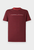 Gestreiftes T-Shirt in Rot und Navy mit Rundhalsausschnitt. Mit "TOMMYJEANS"-Logo in Weiß über der Brust. Kurze Ärmel, aus Baumwollmaterial.