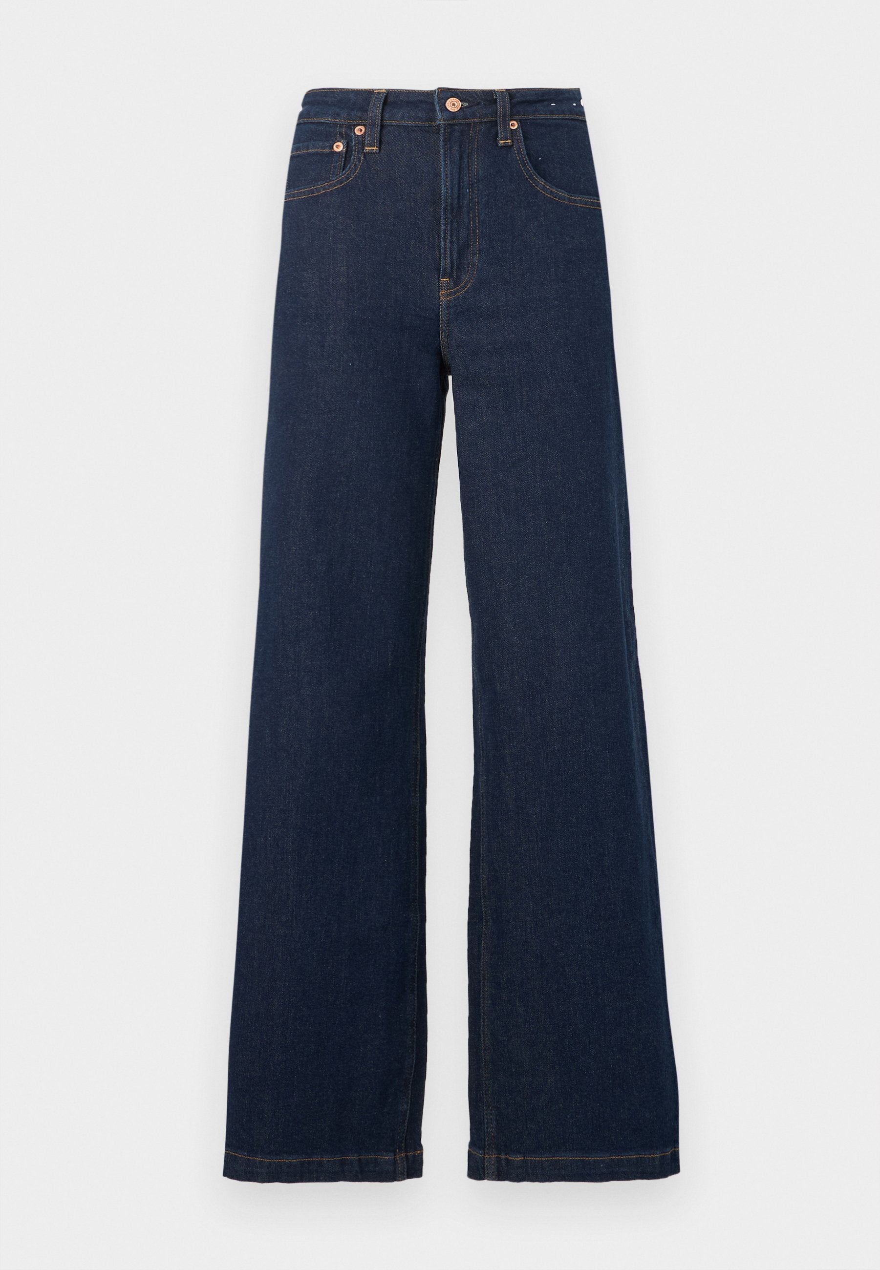 Dunkelblaue, hoch taillierte, weit geschnittene Jeans aus Denim mit vorderen Taschen, Gürtelschlaufen sowie kupferfarbenem Knopf und Nieten.