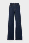 Dunkelblaue, hoch taillierte, weit geschnittene Jeans aus Denim mit vorderen Taschen, Gürtelschlaufen sowie kupferfarbenem Knopf und Nieten.