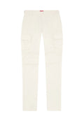 Beige Cargo-Hosen mit geradem Bein, vier Taschen und einem sichtbaren Taillenlabel. Hergestellt aus robustem Stoff mit glatter Textur.