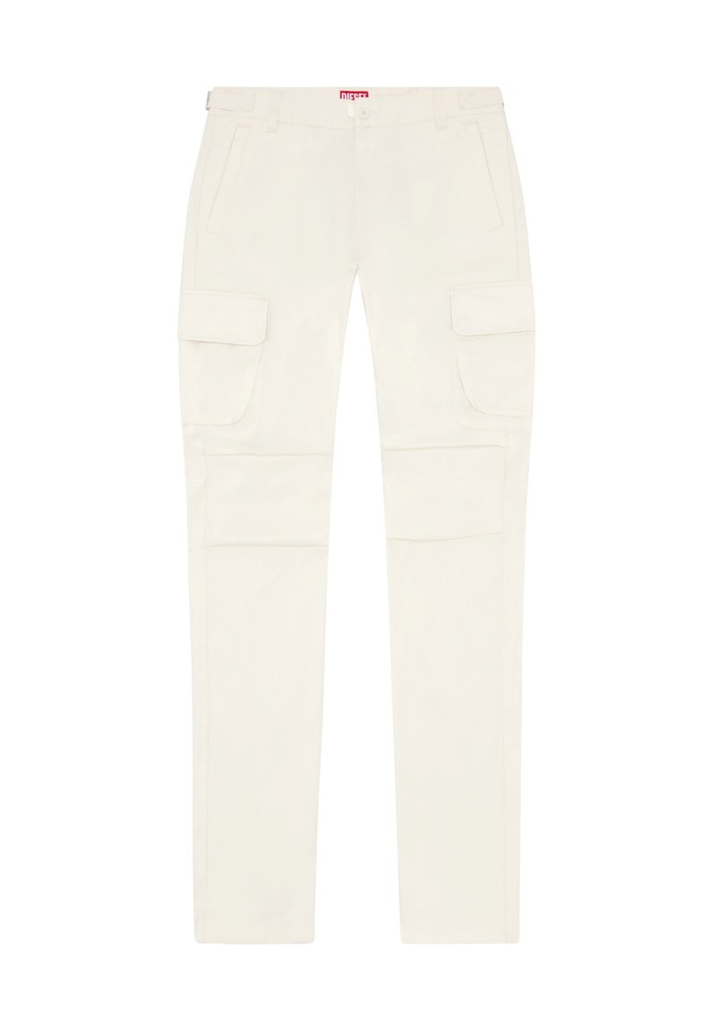 Beige Cargo-Hosen mit geradem Bein, vier Taschen und einem sichtbaren Taillenlabel. Hergestellt aus robustem Stoff mit glatter Textur.