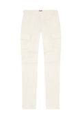 Beige Cargo-Hosen mit geradem Bein, vier Taschen und einem sichtbaren Taillenlabel. Hergestellt aus robustem Stoff mit glatter Textur.