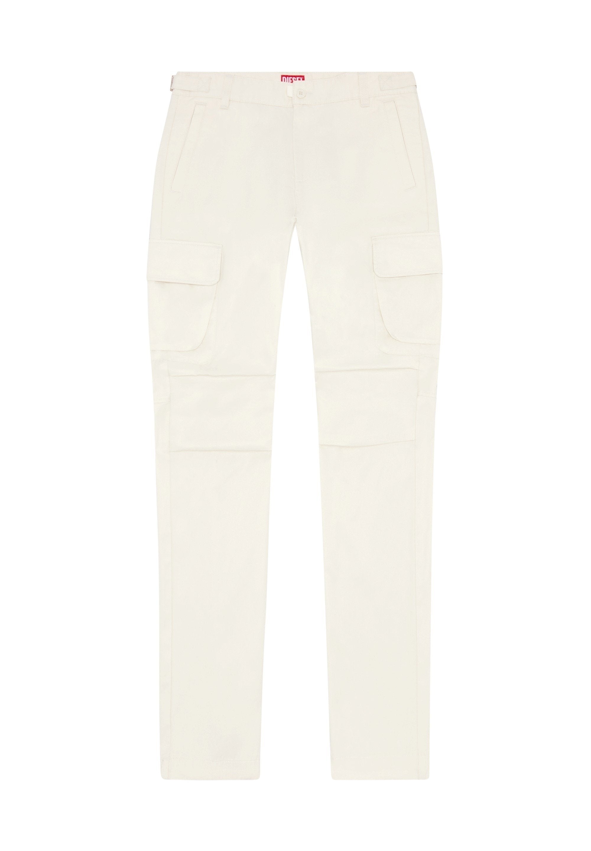 Beige Cargo-Hosen mit geradem Bein, vier Taschen und einem sichtbaren Taillenlabel. Hergestellt aus robustem Stoff mit glatter Textur.
