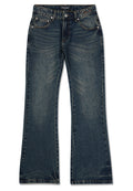 Dunkelblaue Bootcut-Jeans mit verblassten Details, Fünf-Taschen-Style, Knopf- und Reißverschluss, sowie markenspezifischer Stickerei am Bund.