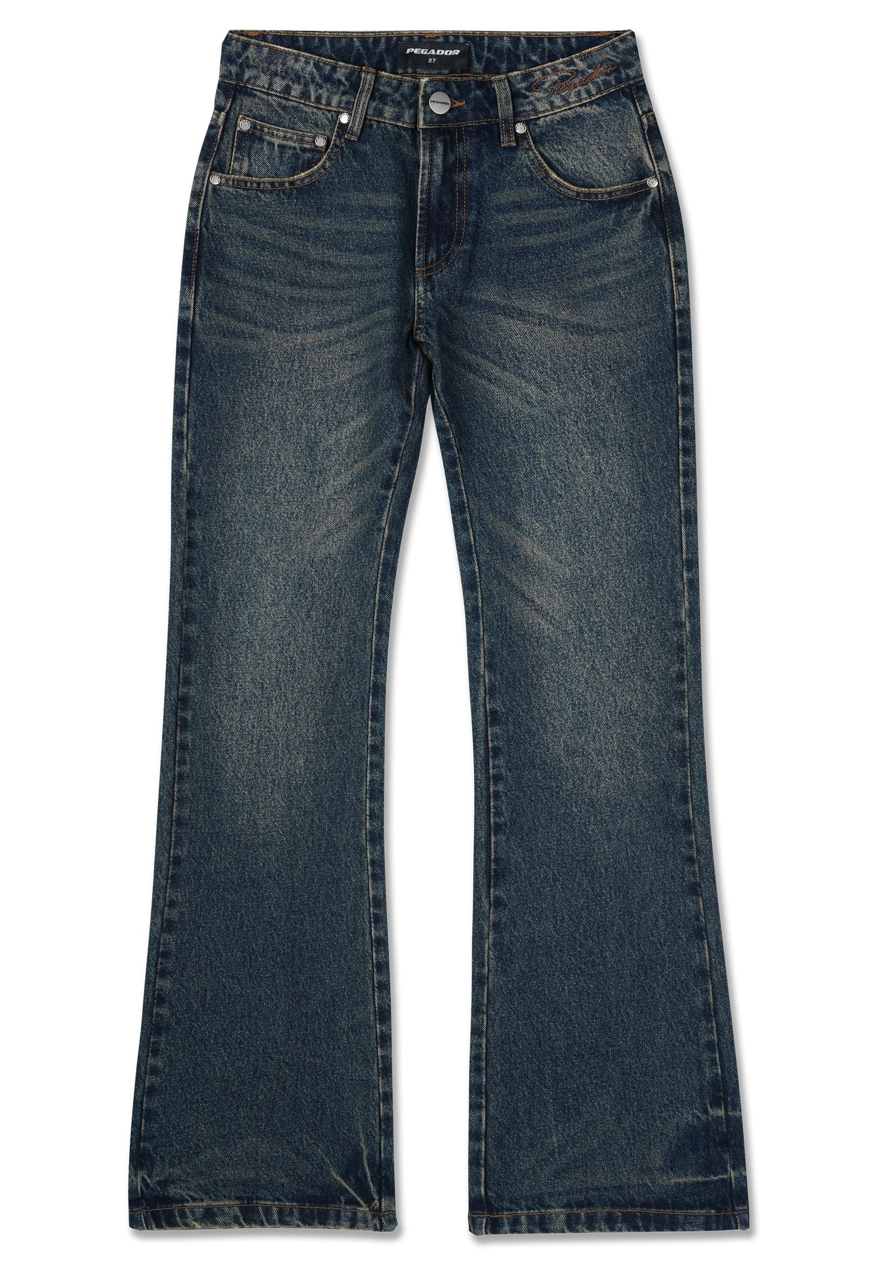 Dunkelblaue Bootcut-Jeans mit verblassten Details, Fünf-Taschen-Style, Knopf- und Reißverschluss, sowie markenspezifischer Stickerei am Bund.